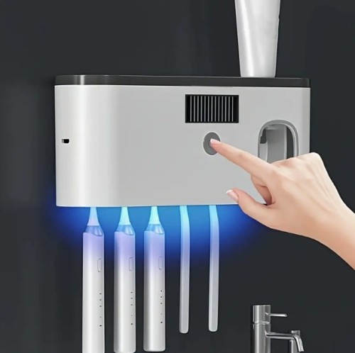 1 스마트 칫솔 홀더 자동 칫솔 크림 디스펜서 - 벽걸이, 5 슬롯 보관함, 내구성 플라스틱, USB 충전식 리튬 배터리, 현대 욕실 정리 및 홈 데코, 욕실 칫솔 랙, 욕실 정리 | 현대 칫솔 홀더 | 내구성 플라스틱 홀더, 칫솔 보관함 정리기