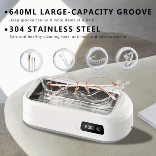 초음파 보석 및 메이크업 브러시 청소기 - 디지털 디스플레이, 600Hz 고주파 청소, 귀걸이, 시계, 반지 및 액세서리용紧凑형 흰색 디자인, 보석 청소 솔루션|현대 미학|내구성 플라스틱